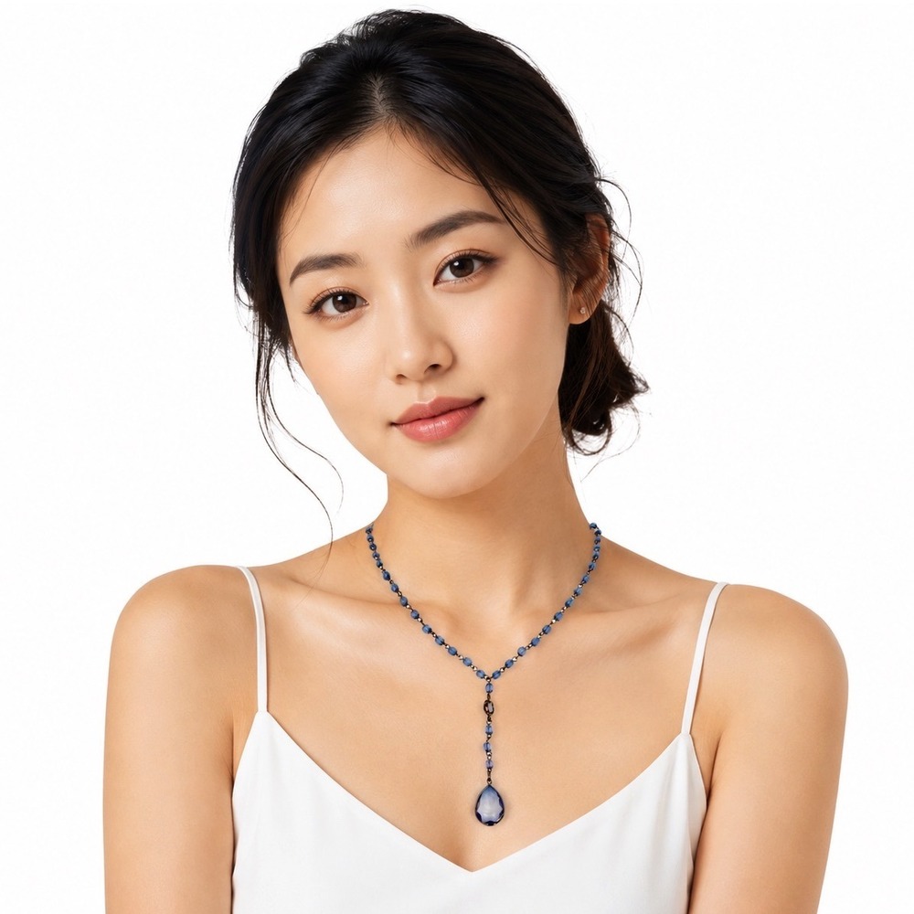 Robert Rose Blue Beaded Y-Necklace Gunmetal Tone Teardrop Pendant Chic 103-226